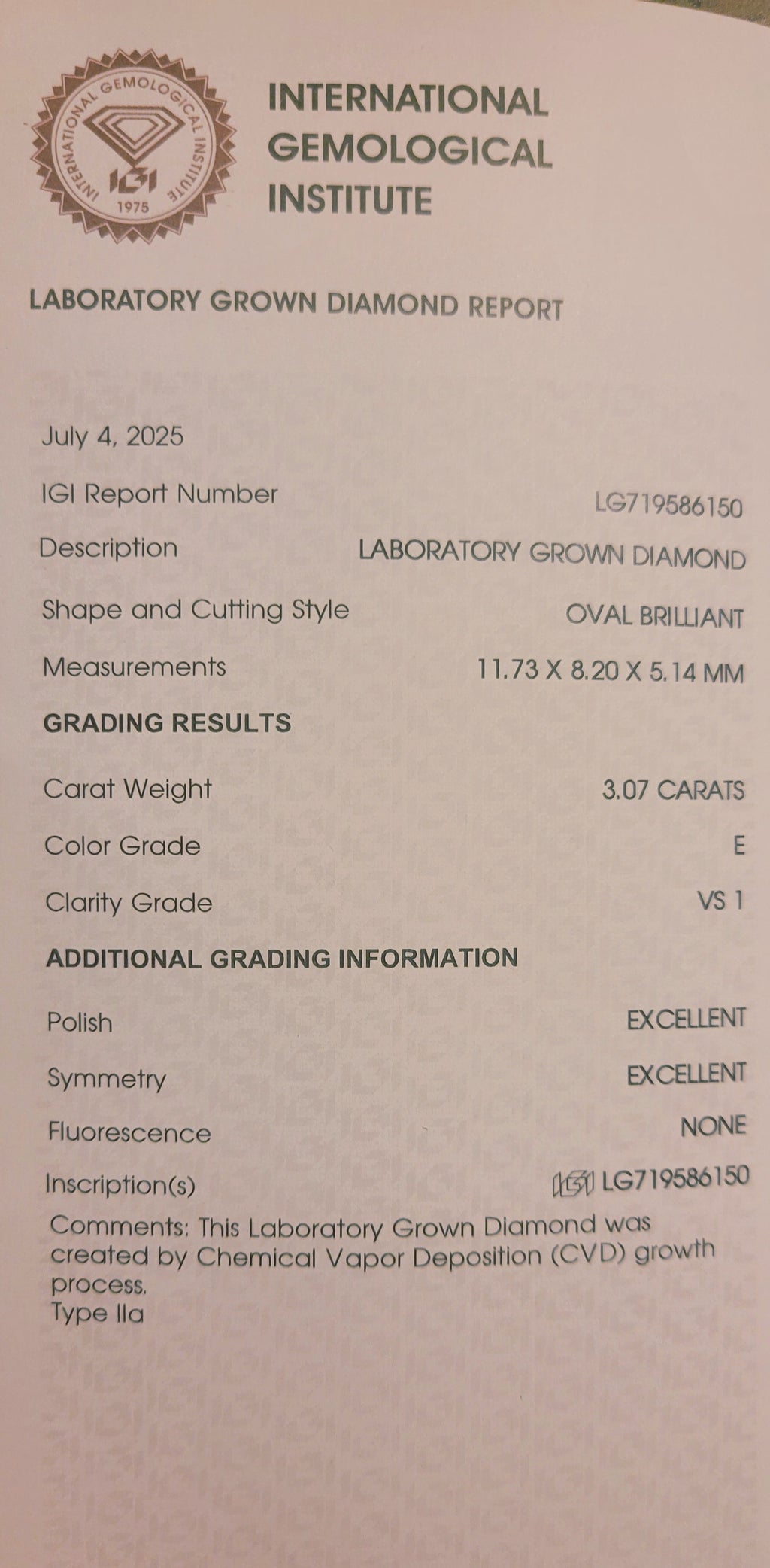 New 3ct Certified Lab Grown Diamond Ring, 14K White Gold, size 7