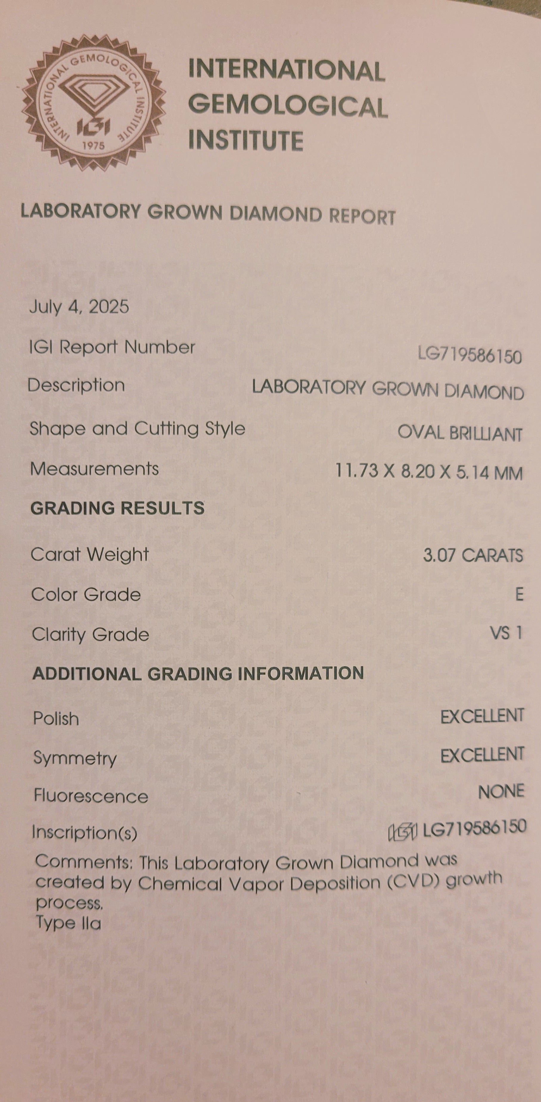 New 3ct Certified Lab Grown Diamond Ring, 14K White Gold, size 7