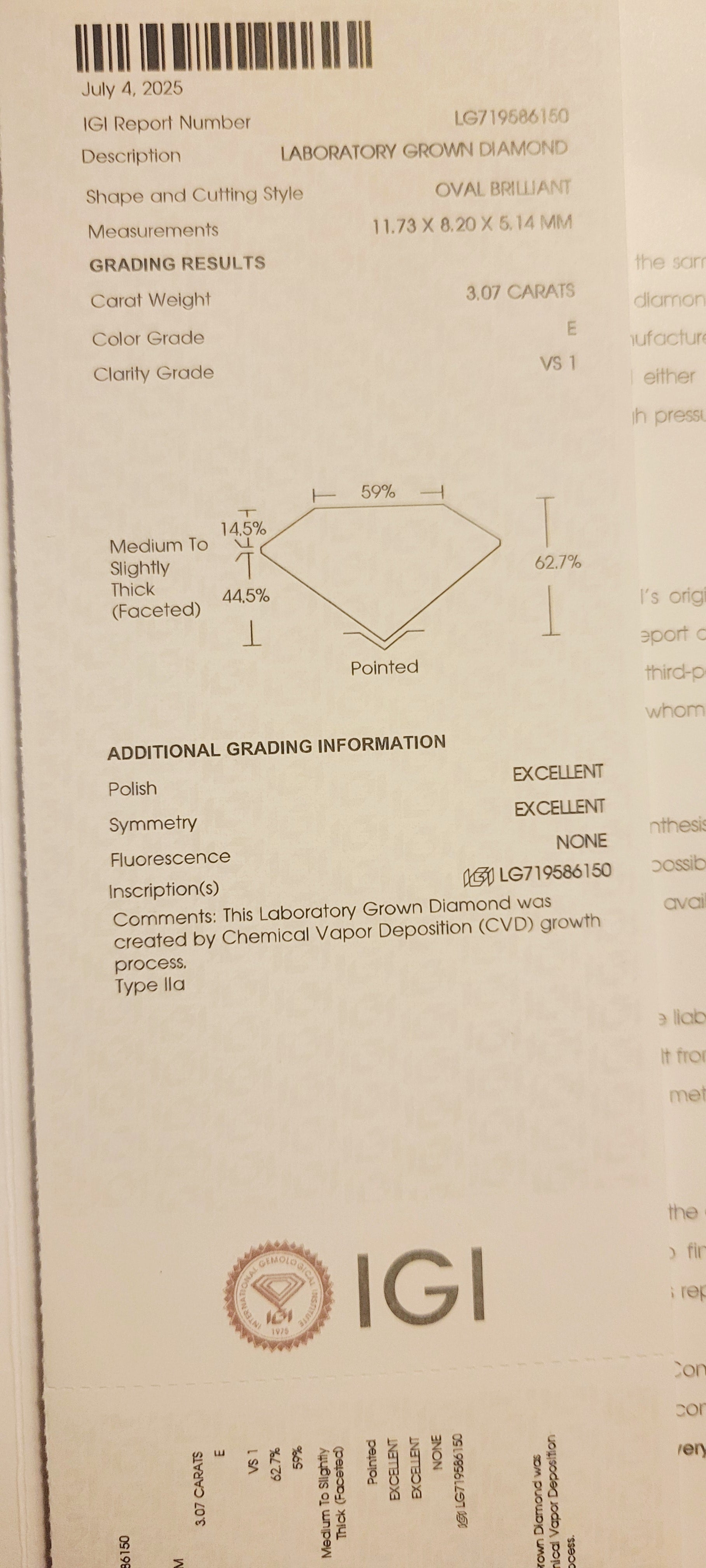 New 3ct Certified Lab Grown Diamond Ring, 14K White Gold, size 7